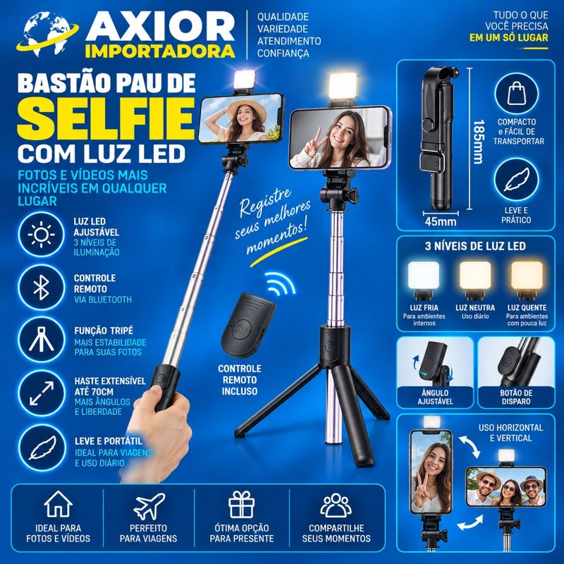 Bastão tripé de selfie com luz 70cm