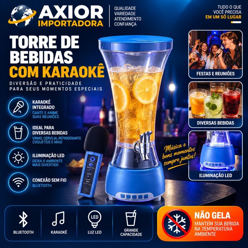 Torre chopp 1.5l com caixa som bluetooth microfone recarregáveis luz LED