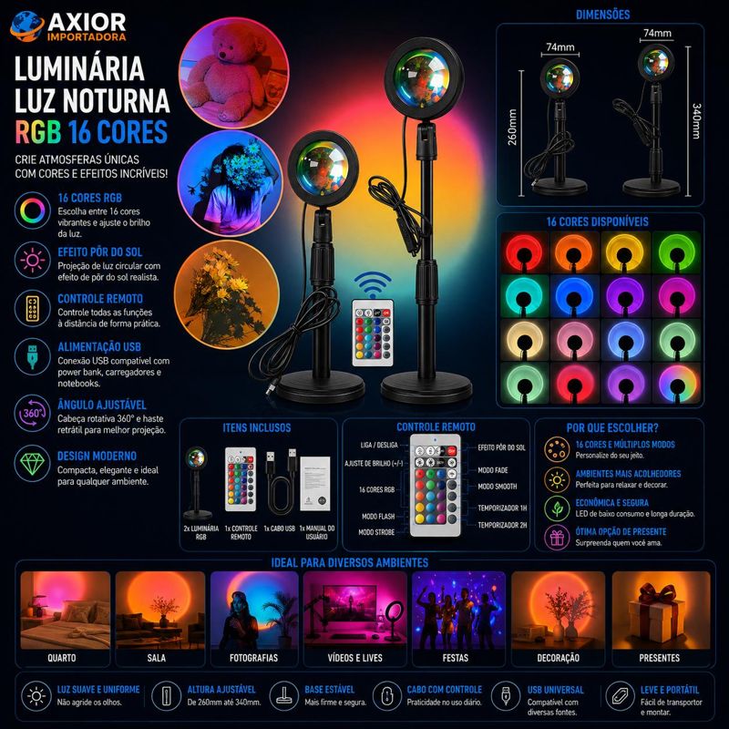 Luminária luz noturna RGB 16 cores