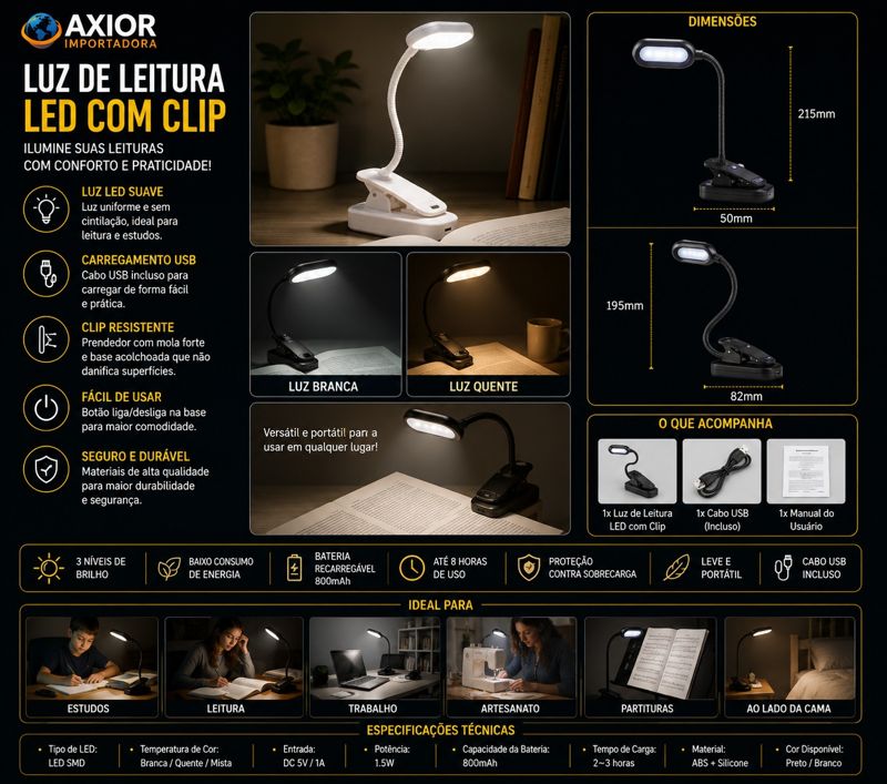 Luz de leitura LED com clip