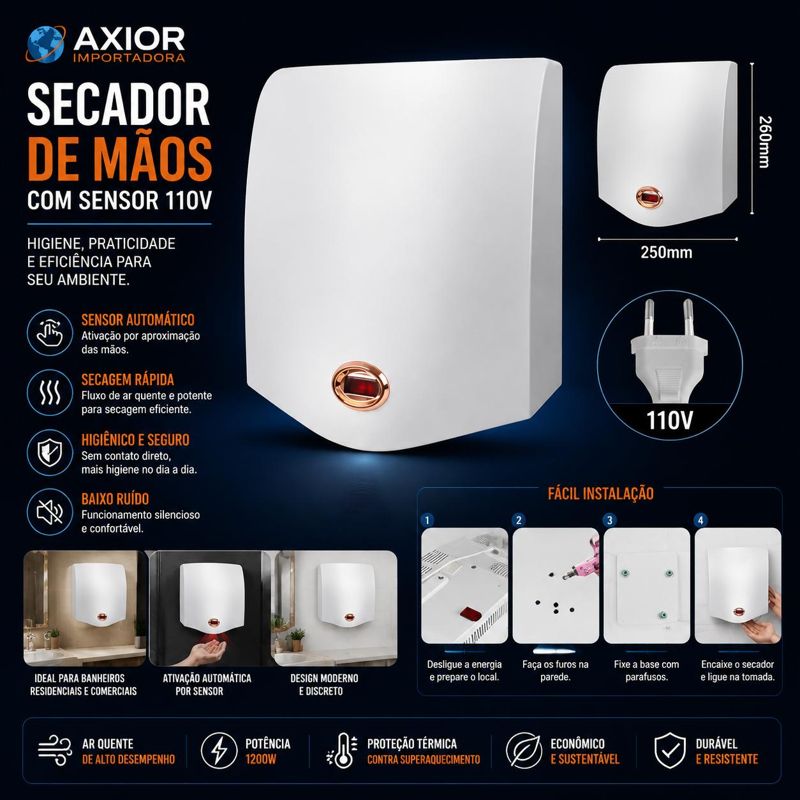 Secador de mãos com sensor branco 110v