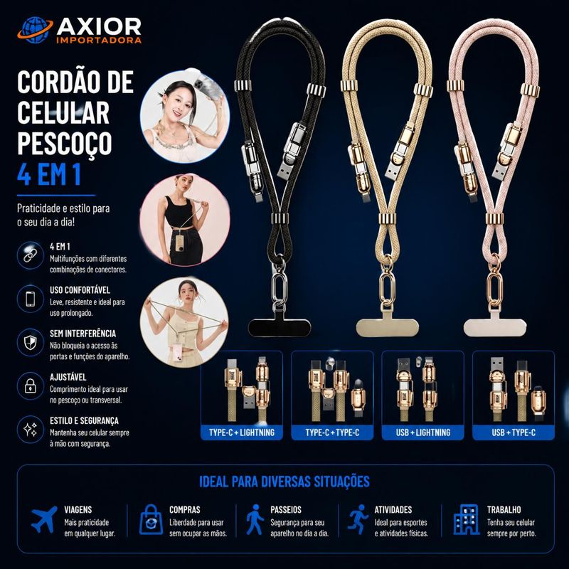 Cordão de pescoço para celular 4 em 1