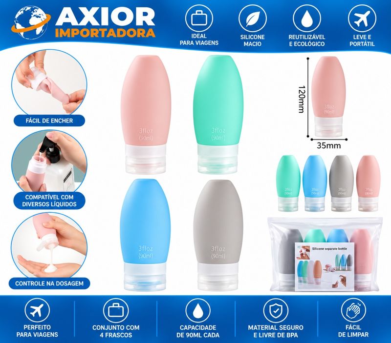 KIT viagem silicone 4 frasco 90 ml
