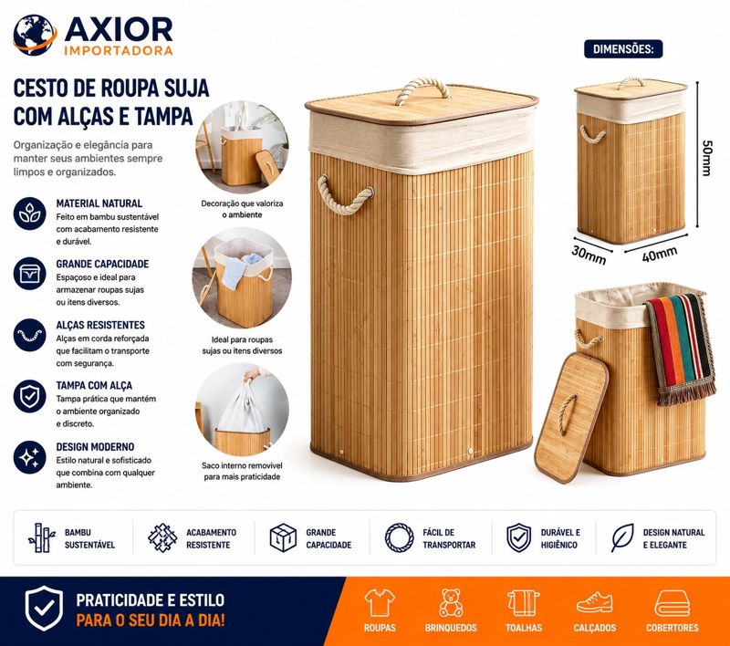 Cesto de roupa suja com alças e tampa