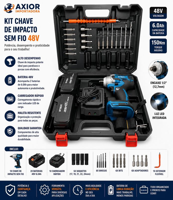 KIT chave impacto 48 vc com 2 baterias