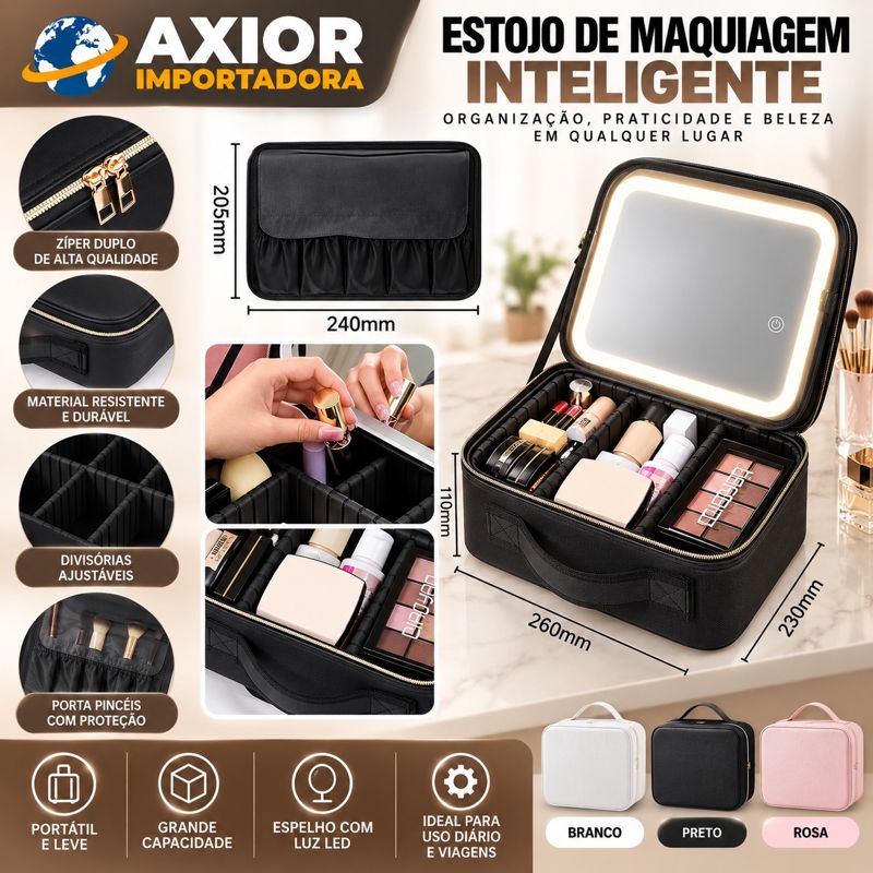 Maleta de maquiagem com espelho LED